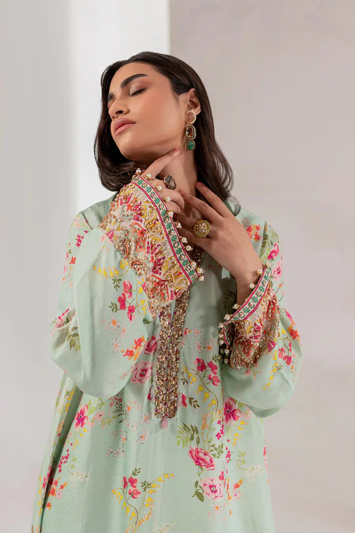 Ammara Khan | Kaftans 23 | MINT BLOOM KAFTAN (D-17) - Hoorain Designer Wear - Pakistani Ladies Branded Stitched Clothes in United Kingdom, United states, CA and Australia