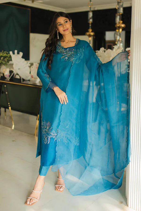 Jeem | Luxury Pret | AZURE TEAL - Hoorain Designer Wear - Pakistani Ladies Branded Stitched Clothes in United Kingdom, United states, CA and Australia