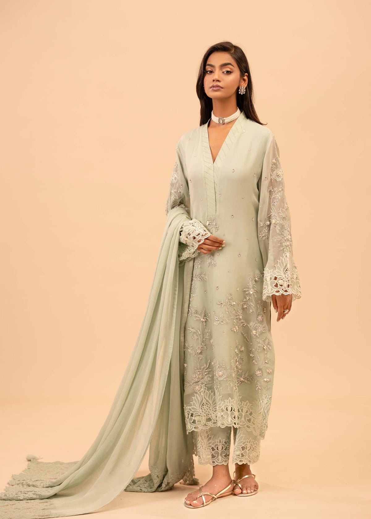 slim fit dress slacks Dark Green Embroidered Georgette Semi Stitched Pakistani Dress Materia main image 1