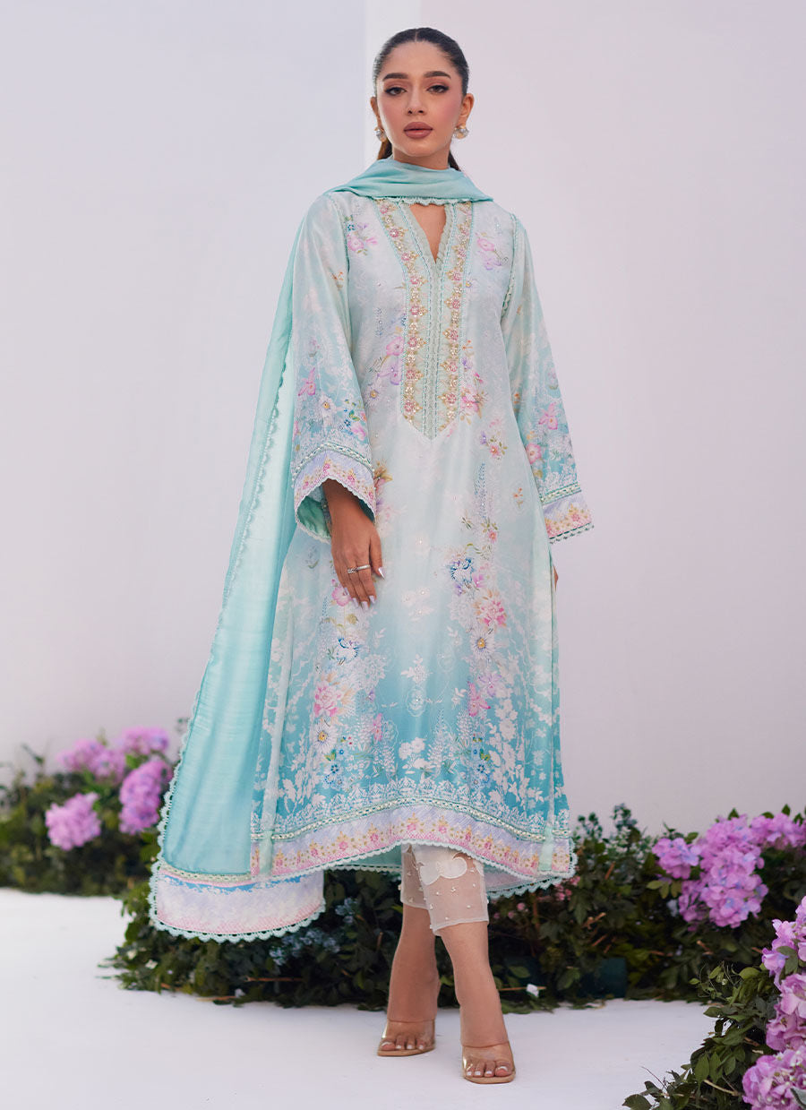 Farah Talib Aziz | Zaza Prints 24 | CYAN OMBRE SHIRT AND DUPATTA - Pakistani Clothes for women, in United Kingdom and United States