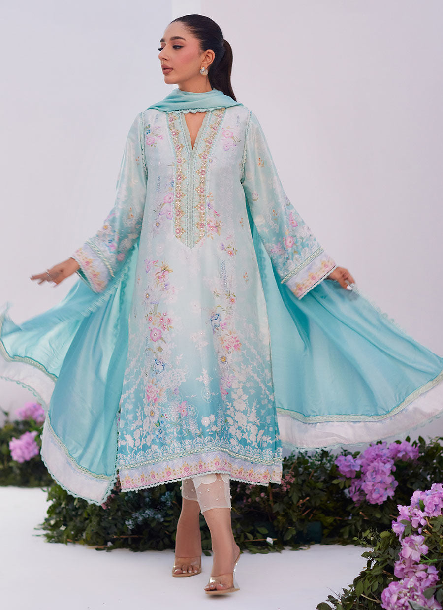 Farah Talib Aziz | Zaza Prints 24 | CYAN OMBRE SHIRT AND DUPATTA - Pakistani Clothes for women, in United Kingdom and United States