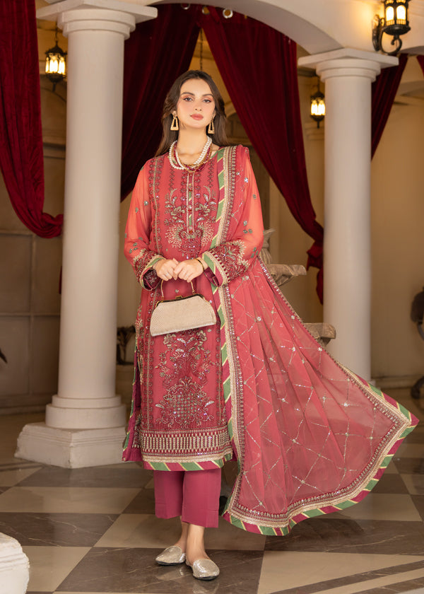 Strawberry | Rimjhim Chiffon Collection | FLS-RJ-003 - Hoorain Designer Wear - Pakistani Ladies Branded Stitched Clothes in United Kingdom, United states, CA and Australia
