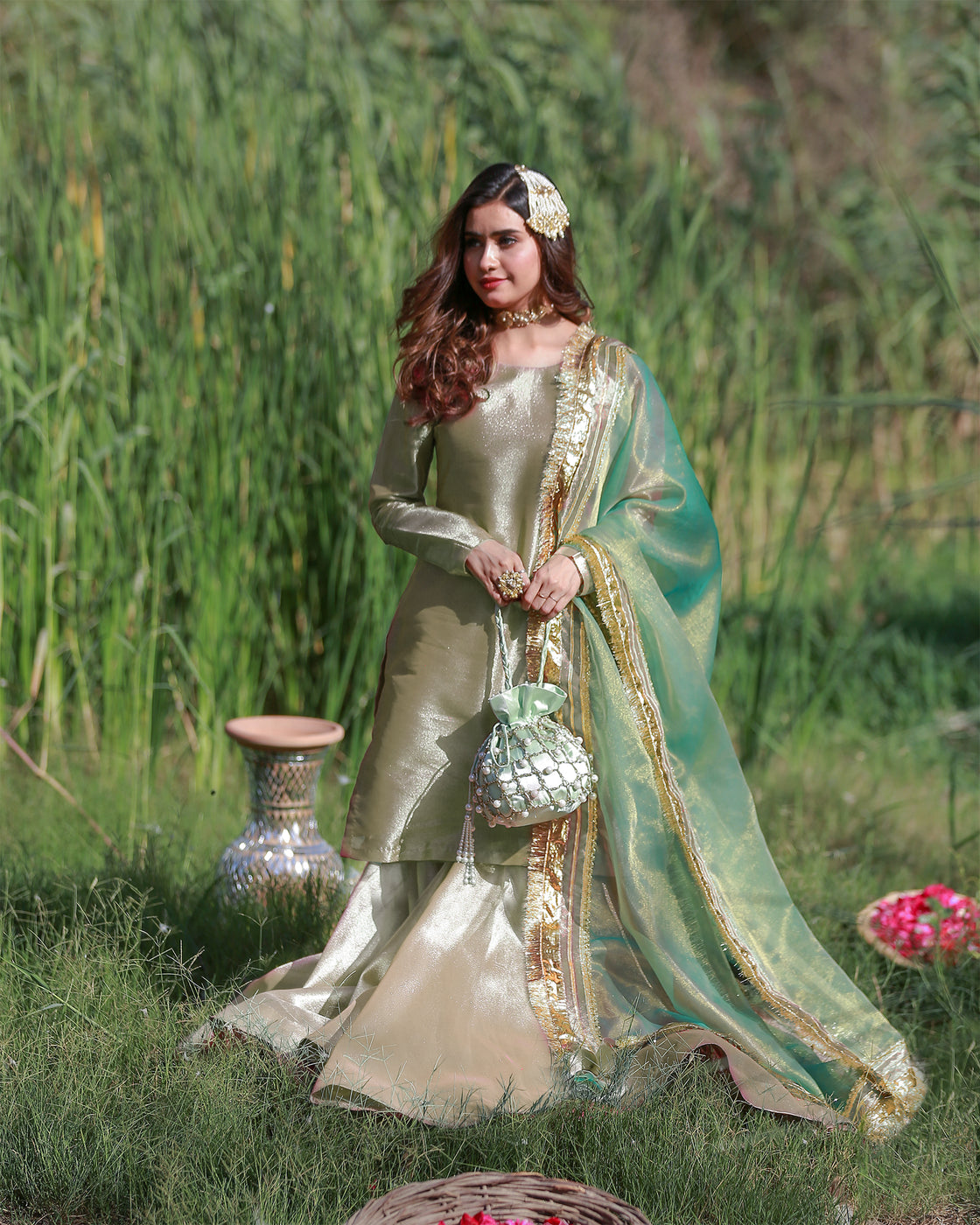 Zar | Gharara Formals | Gold/Green