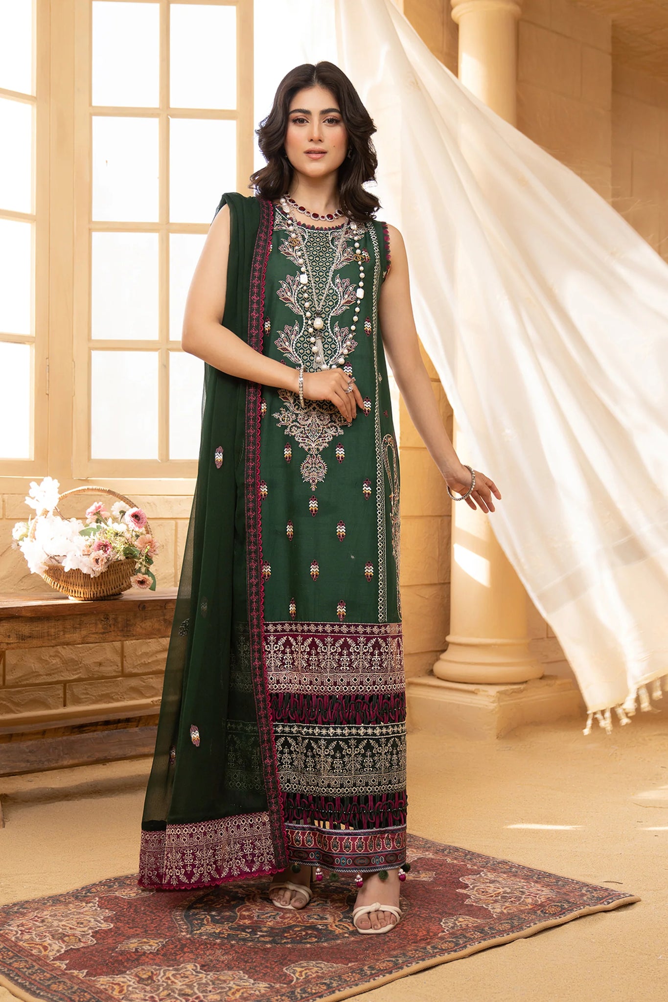 Hemstitch | Summer Luxury Lawn 24 | Bottle Green - Pakistani Clothes for women, in United Kingdom and United States