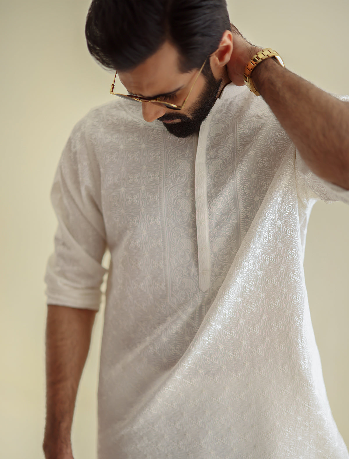 Pakistani Menswear | Ismail Farid - OFF-WHITE HEAVY EMBROIDERED KURTA - Pakistani Clothes for women, in United Kingdom and United States