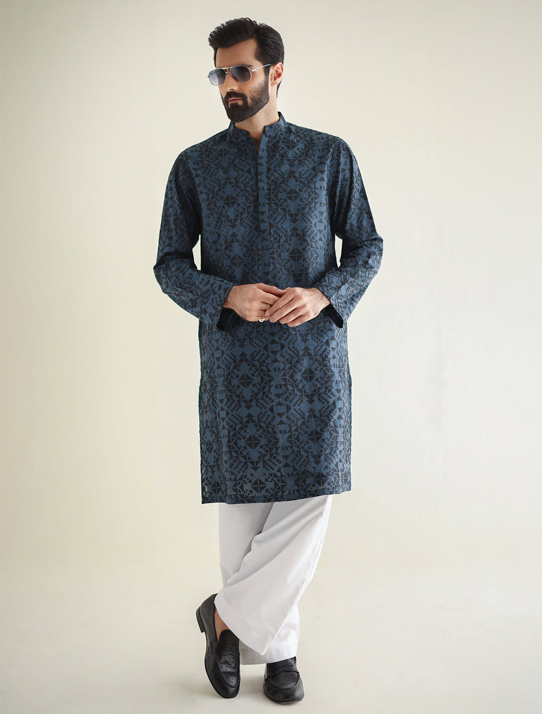 Pakistani Menswear | Ismail Farid - BLUE EMBROIDERED KURTA - Pakistani Clothes for women, in United Kingdom and United States