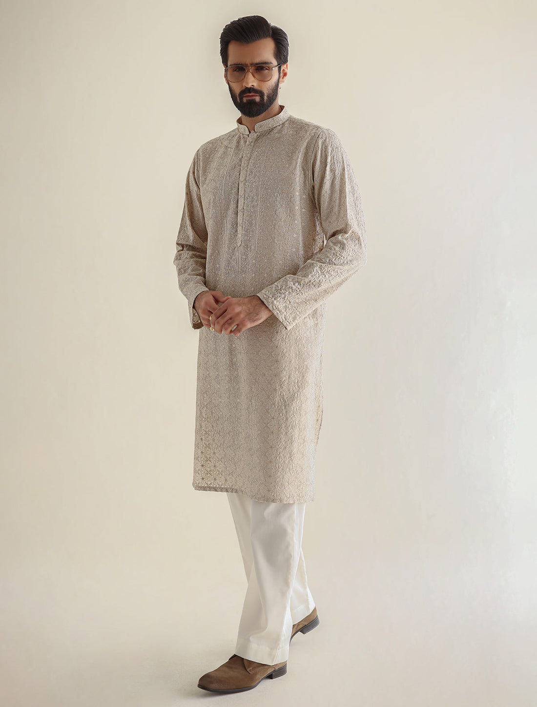 Pakistani Menswear | Ismail Farid - BEIGE HEAVY EMBROIDERED KURTA - Pakistani Clothes for women, in United Kingdom and United States