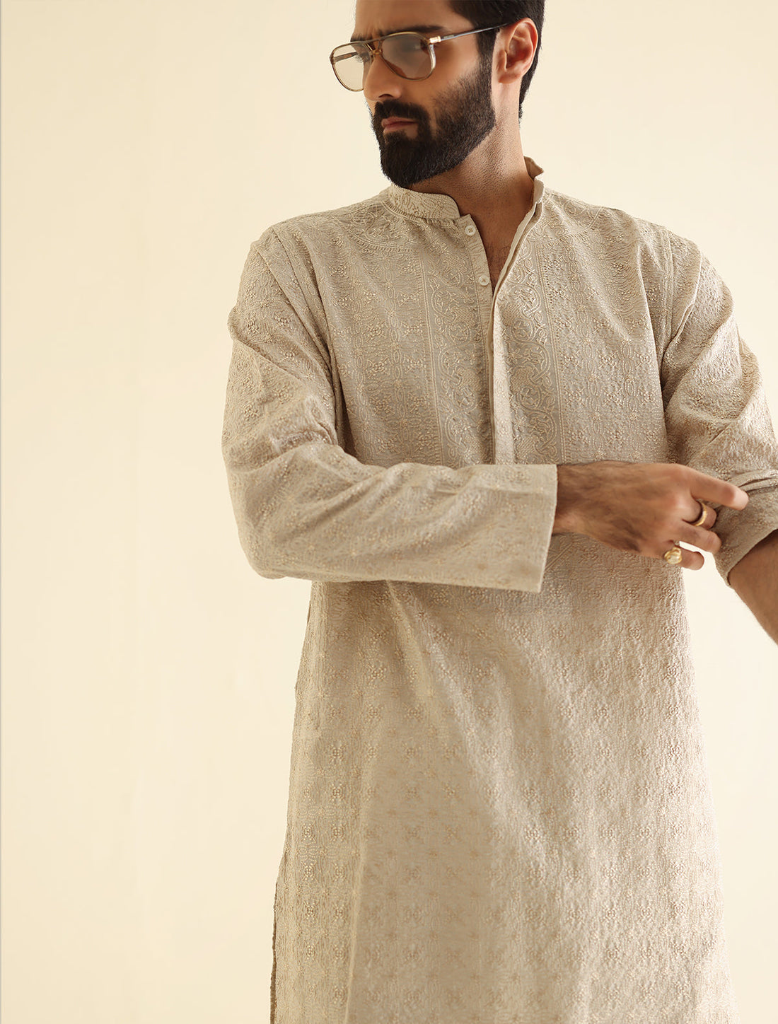 Pakistani Menswear | Ismail Farid - BEIGE HEAVY EMBROIDERED KURTA - Pakistani Clothes for women, in United Kingdom and United States