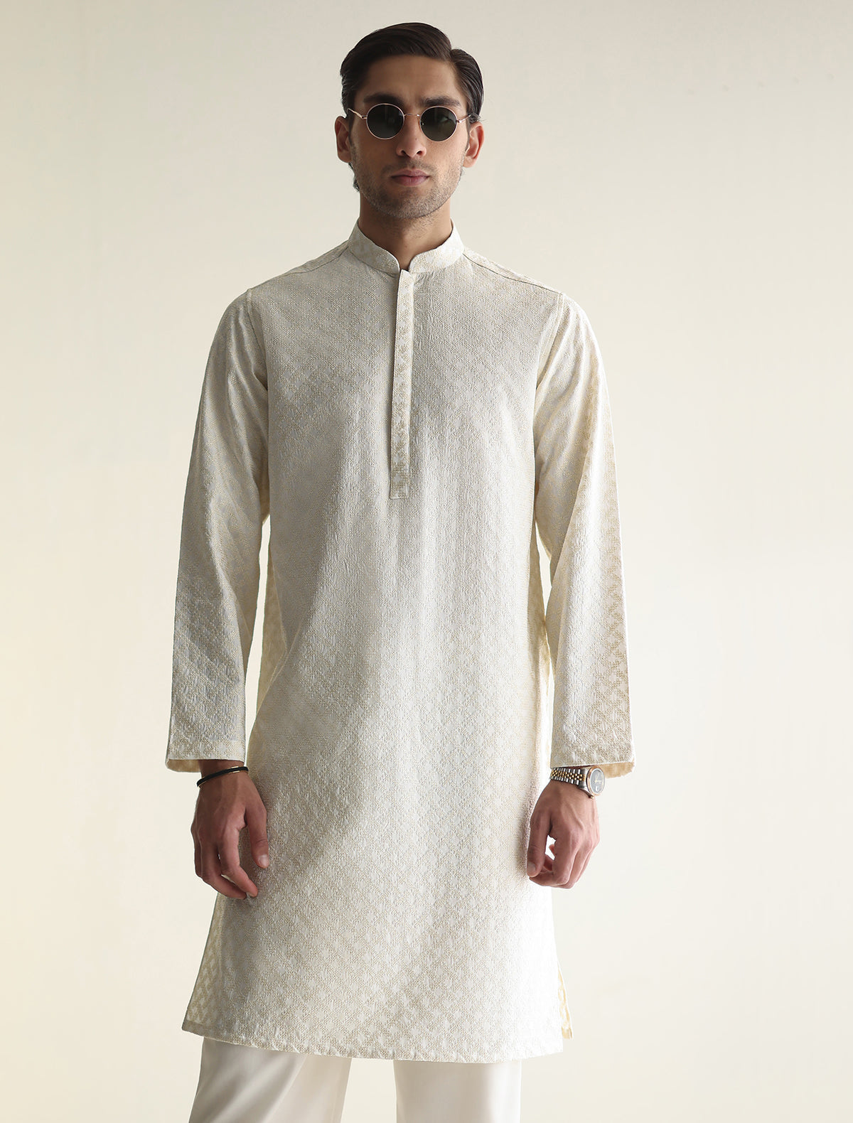 Pakistani Menswear | Ismail Farid - OFF-WHITE EMBROIDERED KURTA - Pakistani Clothes for women, in United Kingdom and United States