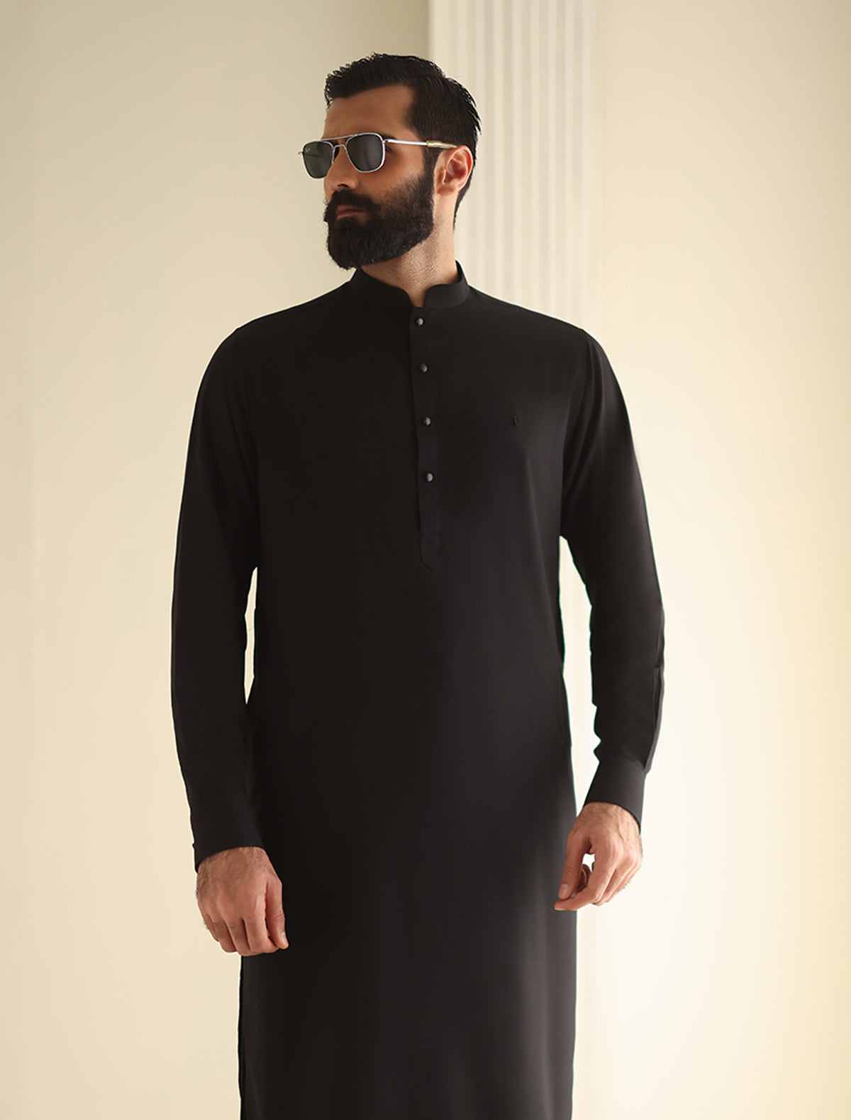 Pakistani Menswear | Ismail Farid - BLACK MANDARIN COLLAR KAMEEZ SHALWAR - Pakistani Clothes for women, in United Kingdom and United States