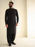 Pakistani Menswear | Ismail Farid - BLACK MANDARIN COLLAR KAMEEZ SHALWAR - Pakistani Clothes for women, in United Kingdom and United States