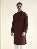 Pakistani Menswear | Ismail Farid - MAROON MESH EMBROIDERED KURTA - Pakistani Clothes for women, in United Kingdom and United States