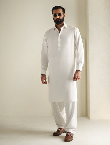 Pakistani Menswear | Ismail Farid - PEARL WHITE APPLIQUE KAMEEZ SHALWAR - Pakistani Clothes for women, in United Kingdom and United States