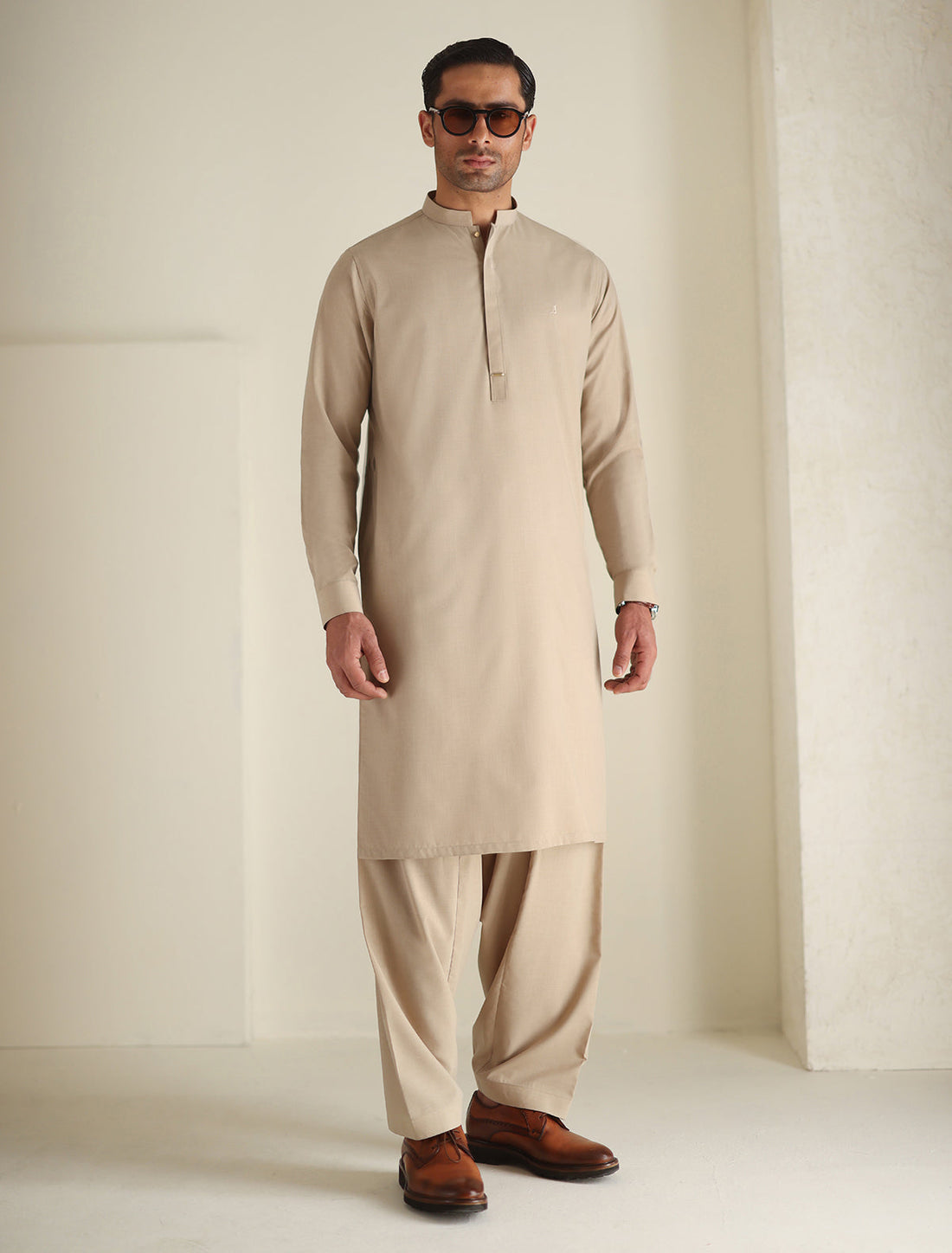 Pakistani Menswear | Ismail Farid - BEIGE LOGO-EMBROIDERED KAMEEZ SHALWAR - Pakistani Clothes for women, in United Kingdom and United States