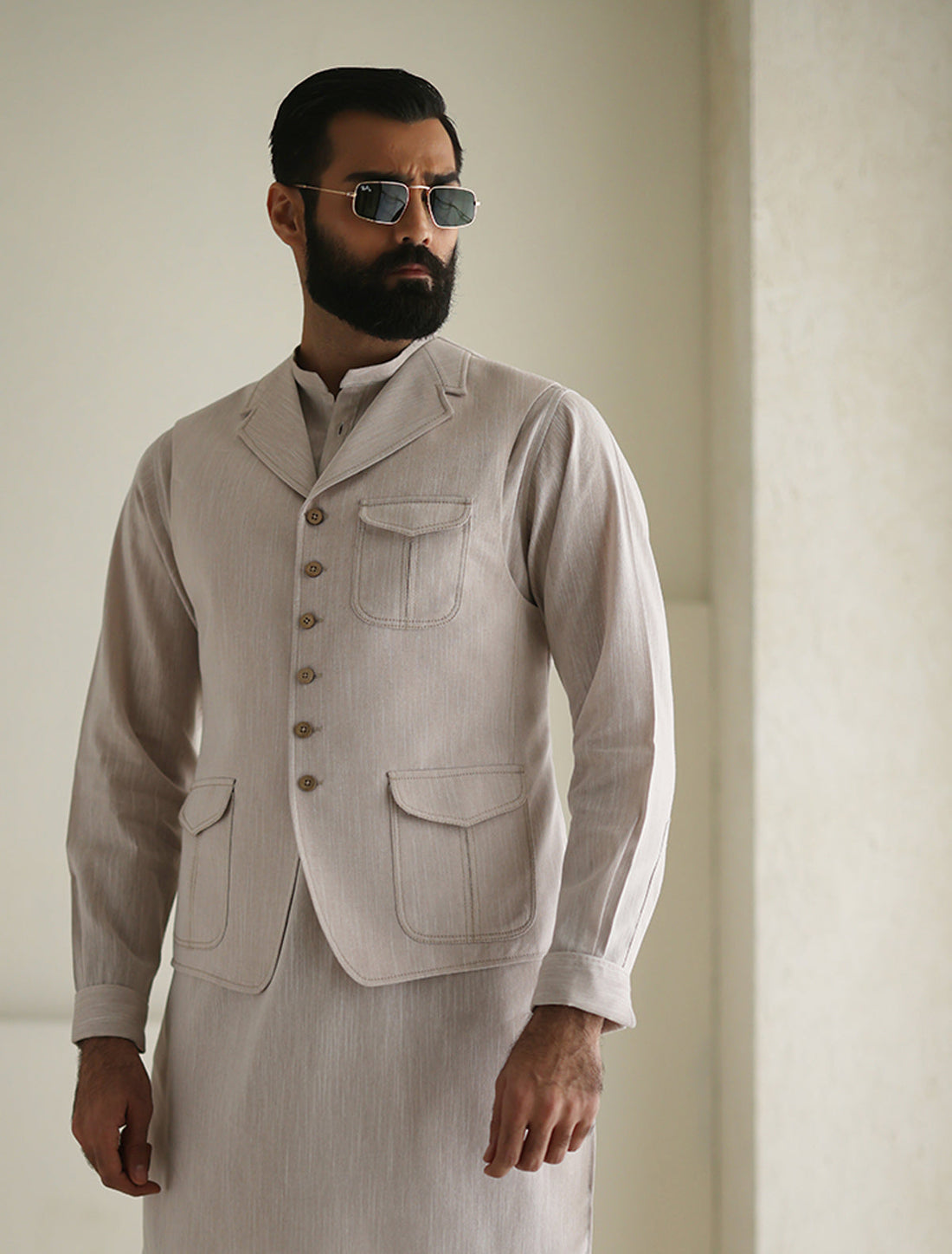 Pakistani Menswear | Ismail Farid - LIGHT BEIGE WAISTCOAT - Pakistani Clothes for women, in United Kingdom and United States