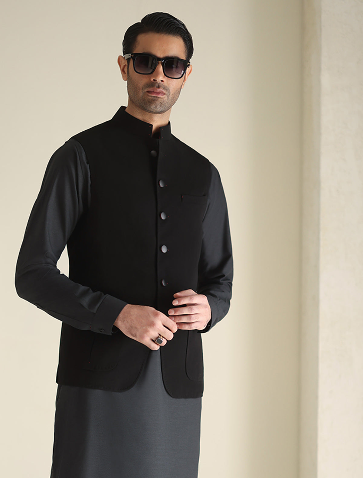 Pakistani Menswear | Ismail Farid - THE VERY DARK BLACK WAISTCOAT - Pakistani Clothes for women, in United Kingdom and United States