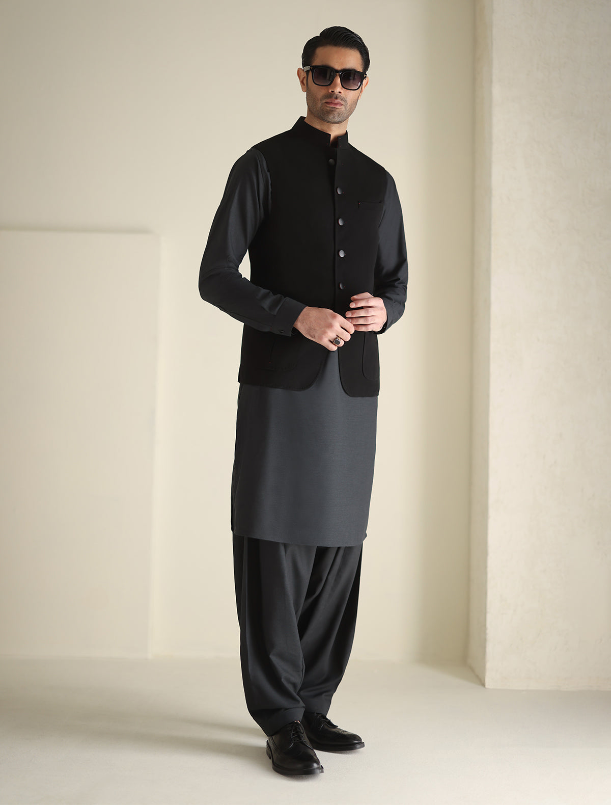 Pakistani Menswear | Ismail Farid - THE VERY DARK BLACK WAISTCOAT - Pakistani Clothes for women, in United Kingdom and United States