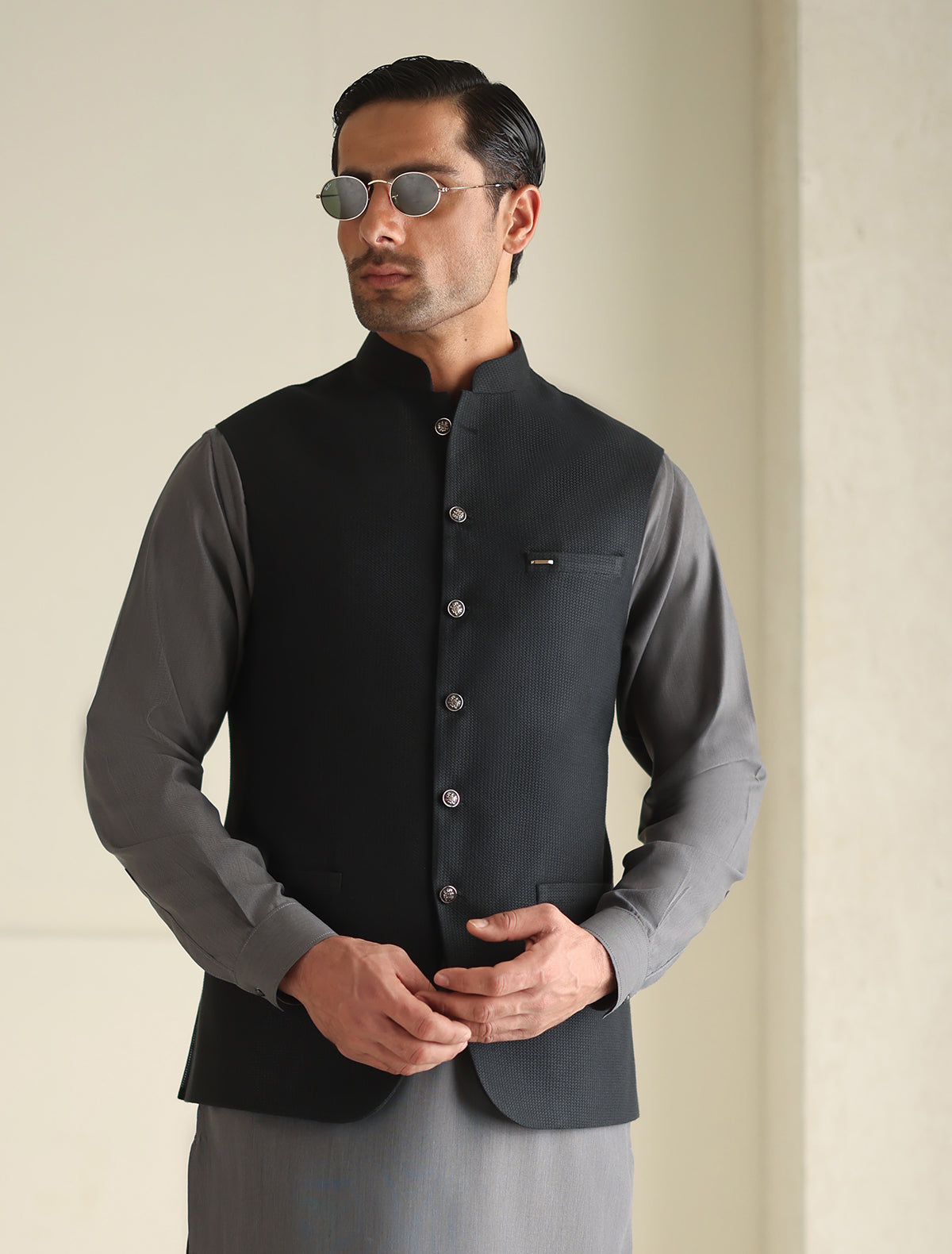 Pakistani Menswear | Ismail Farid - BLACK TEXTURED WAISTCOAT - Pakistani Clothes for women, in United Kingdom and United States