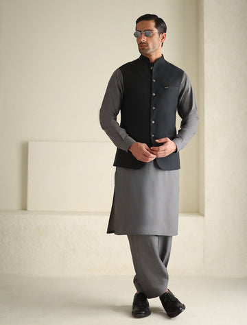 Pakistani Menswear | Ismail Farid - BLACK TEXTURED WAISTCOAT - Pakistani Clothes for women, in United Kingdom and United States