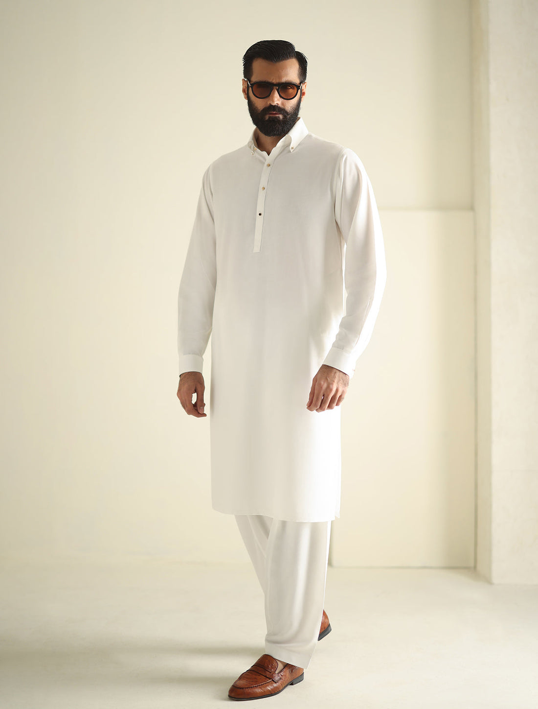 Pakistani Menswear | Ismail Farid - OFF-WHITE BUTTON-DOWN KAMEEZ SHALWAR - Pakistani Clothes for women, in United Kingdom and United States