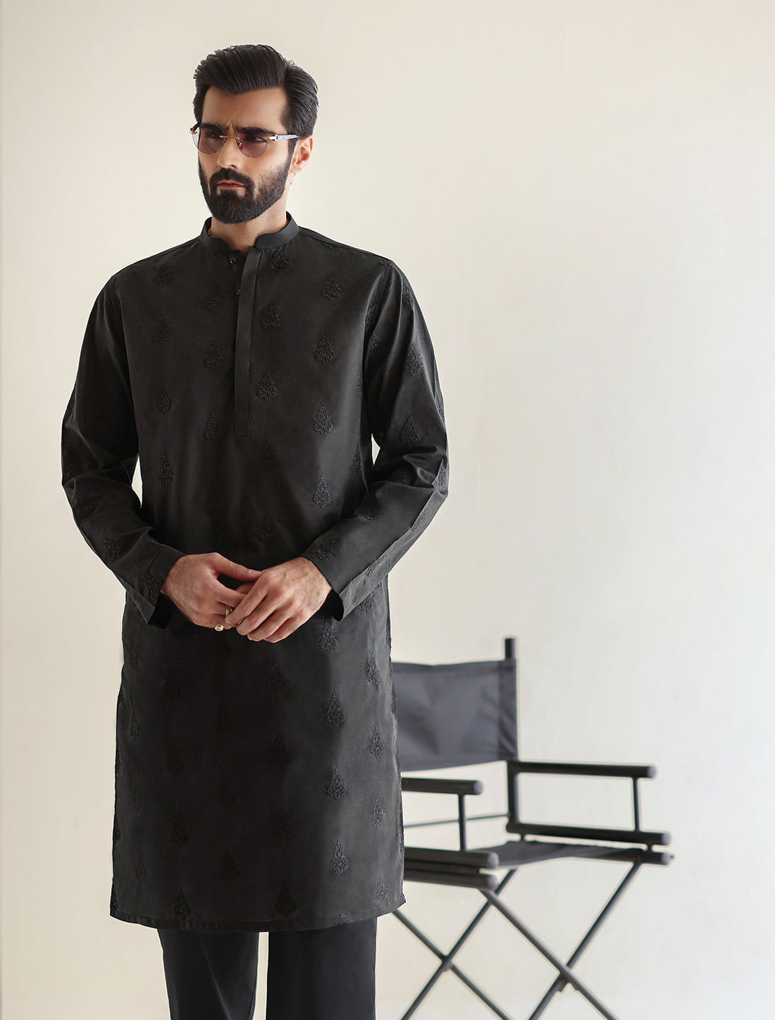 Pakistani Menswear | Ismail Farid - BLACK EMBROIDERED KURTA - Pakistani Clothes for women, in United Kingdom and United States