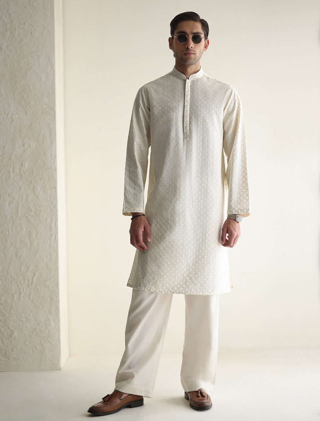 Pakistani Menswear | Ismail Farid - OFF-WHITE EMBROIDERED KURTA - Pakistani Clothes for women, in United Kingdom and United States