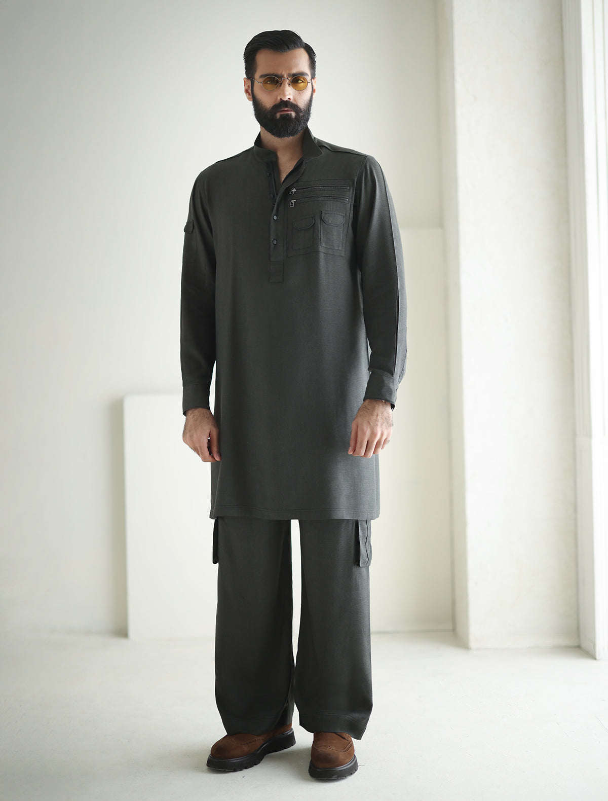 Pakistani Menswear | Ismail Farid - GRAY DESIGNER KURTA PAJAMA - Pakistani Clothes for women, in United Kingdom and United States