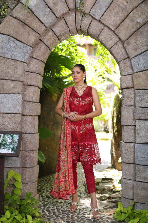 Noor by Saadia Asad | Luxury Chikankari Lawn’24 | D12-A Red Chevron - Pakistani Clothes for women, in United Kingdom and United States