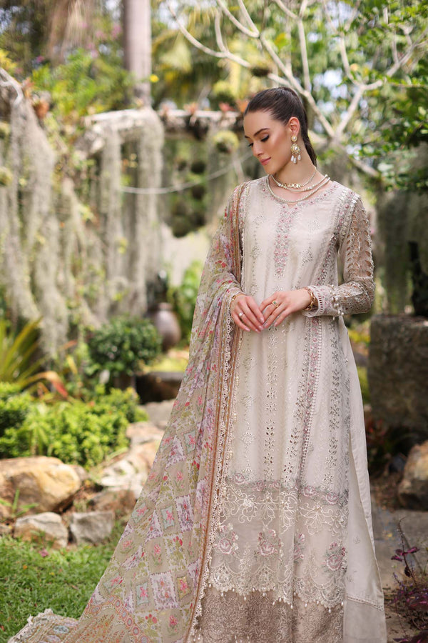 Noor by Saadia Asad | Luxury Chikankari Lawn’24 | D3-B Beige Schifli - Hoorain Designer Wear - Pakistani Ladies Branded Stitched Clothes in United Kingdom, United states, CA and Australia