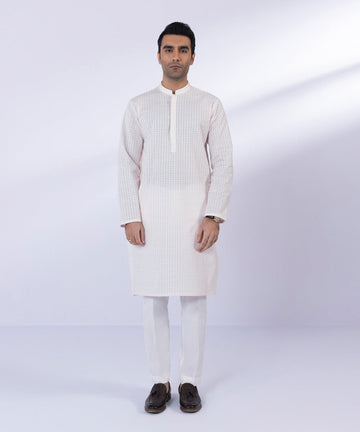 Pakistani Menswear | Sapphire | COTTON SCHIFFLI EMBROIDERED KURTA - Pakistani Clothes for women, in United Kingdom and United States