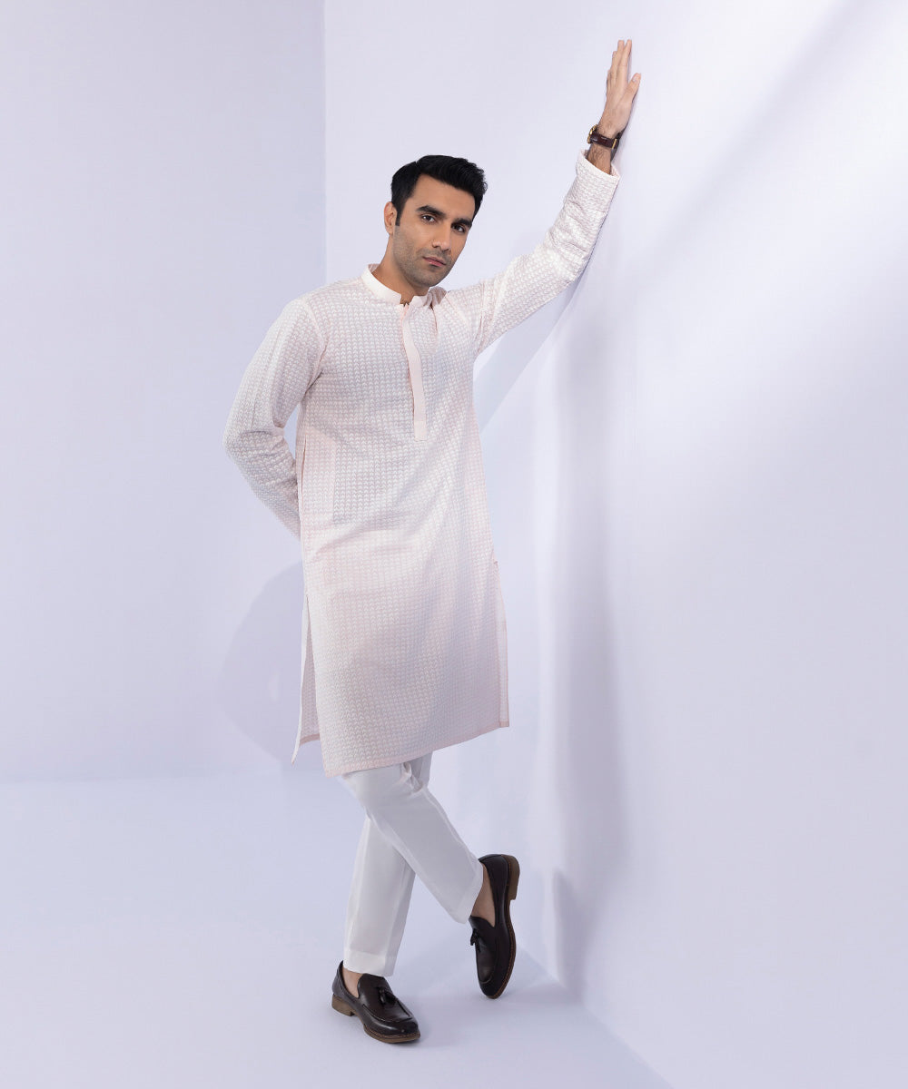 Pakistani Menswear | Sapphire | COTTON SCHIFFLI EMBROIDERED KURTA - Pakistani Clothes for women, in United Kingdom and United States