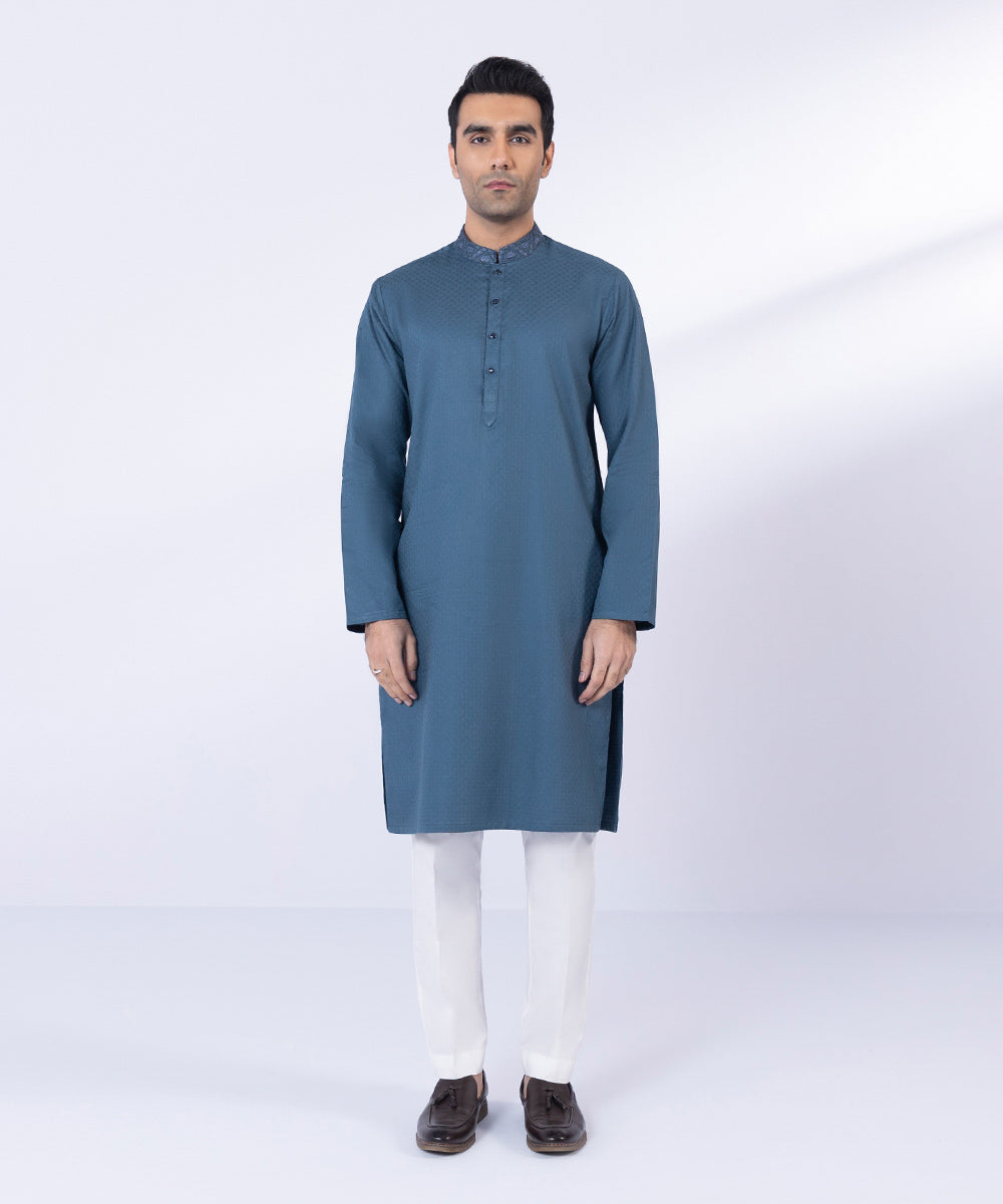 Pakistani Menswear | Sapphire | EMBROIDERED COTTON JACQUARD KURTA - Pakistani Clothes for women, in United Kingdom and United States