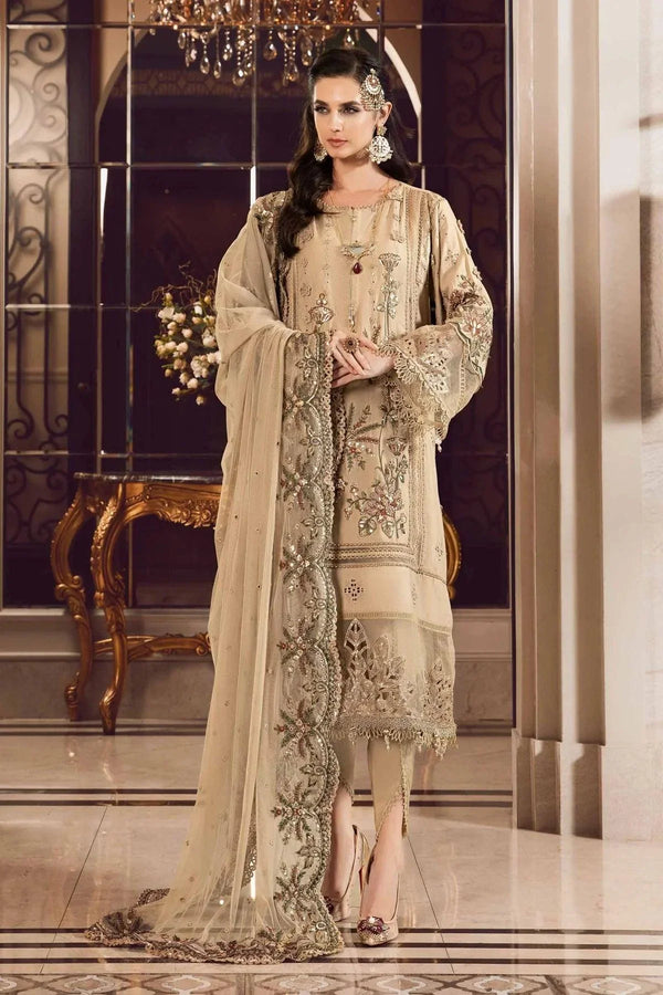 Maria B | Sateen Formals 23 | Beige CST-712 - Hoorain Designer Wear - Pakistani Ladies Branded Stitched Clothes in United Kingdom, United states, CA and Australia