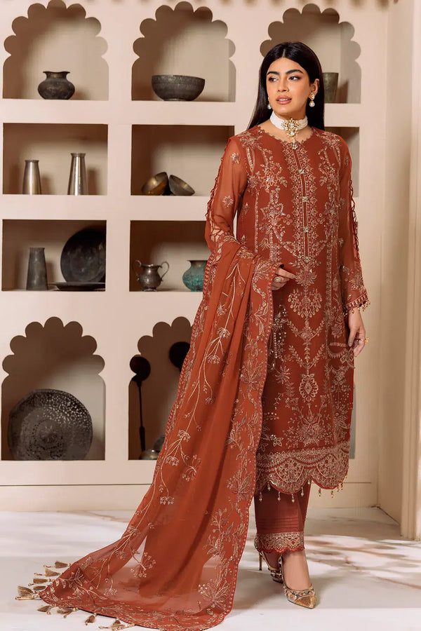 Alizeh | Dua Formals 23 | DUA-V01D02A- LYRA ( RUST ) - Hoorain Designer Wear - Pakistani Ladies Branded Stitched Clothes in United Kingdom, United states, CA and Australia