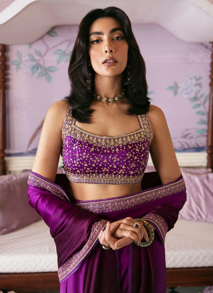 Farah Talib Aziz | Mayna Festive Luxe | AIGUL AUBERGINE SAREE - Hoorain Designer Wear - Pakistani Ladies Branded Stitched Clothes in United Kingdom, United states, CA and Australia