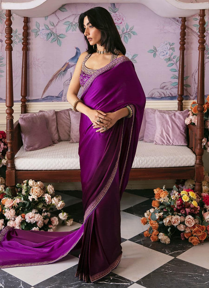 Farah Talib Aziz | Mayna Festive Luxe | AIGUL AUBERGINE SAREE - Hoorain Designer Wear - Pakistani Ladies Branded Stitched Clothes in United Kingdom, United states, CA and Australia