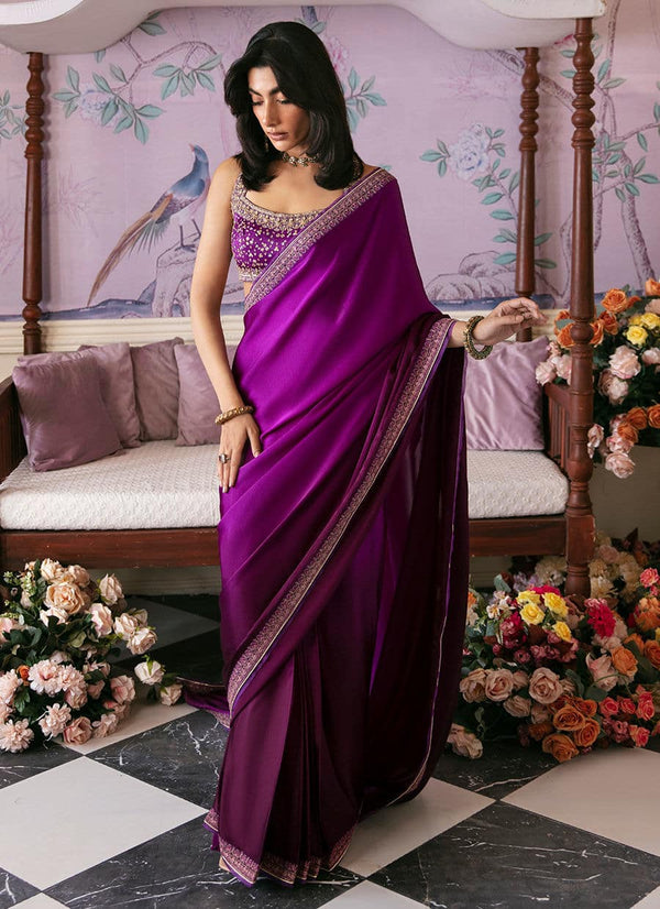 Farah Talib Aziz | Mayna Festive Luxe | AIGUL AUBERGINE SAREE - Hoorain Designer Wear - Pakistani Ladies Branded Stitched Clothes in United Kingdom, United states, CA and Australia